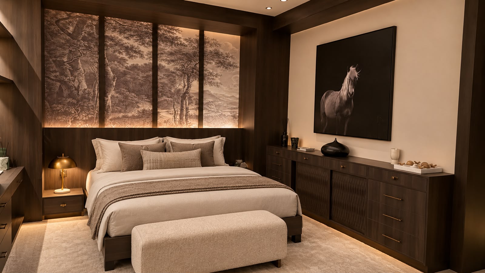 Master bedroom with dark timber wall panelling and a long low sideboard