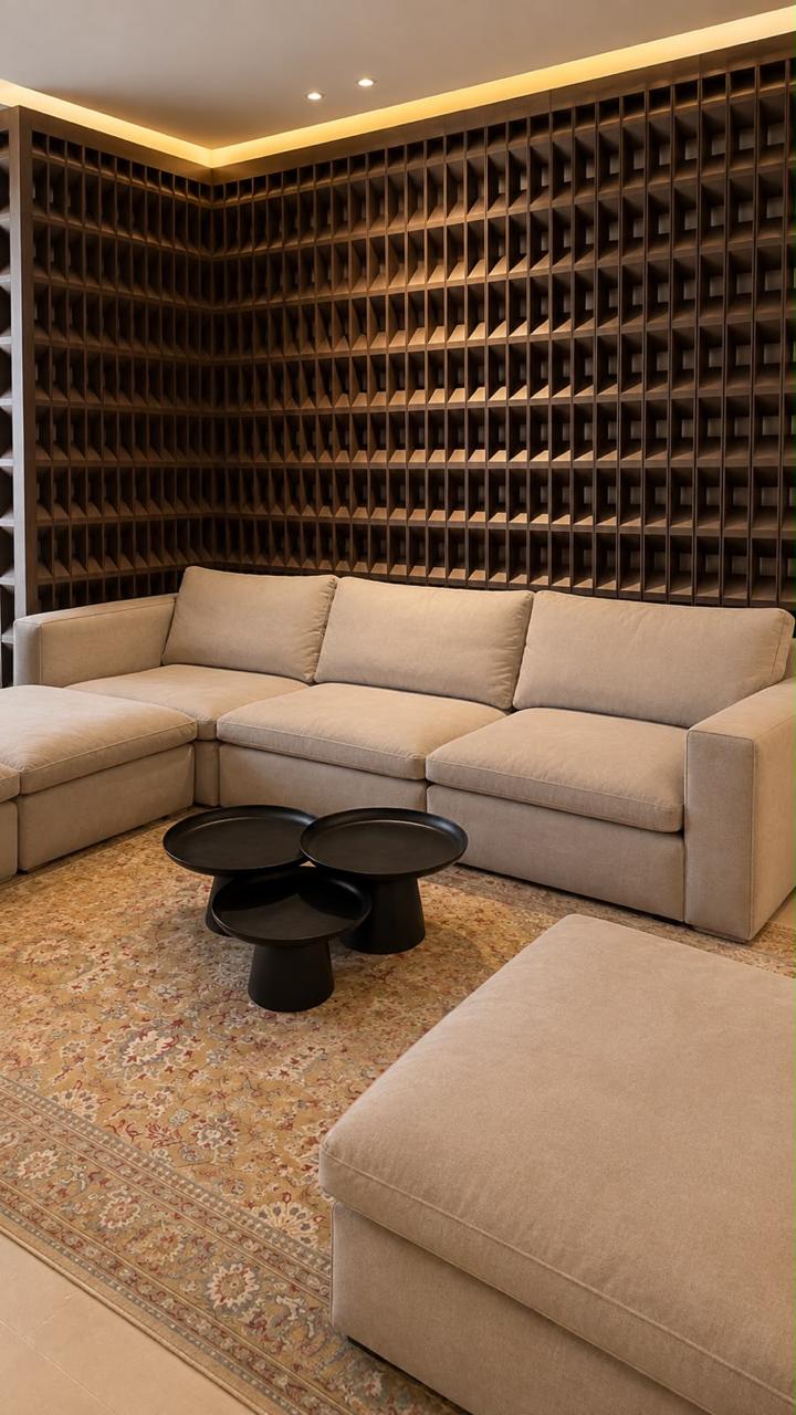 Close view of the 3D timber wall panelling behind the sofa