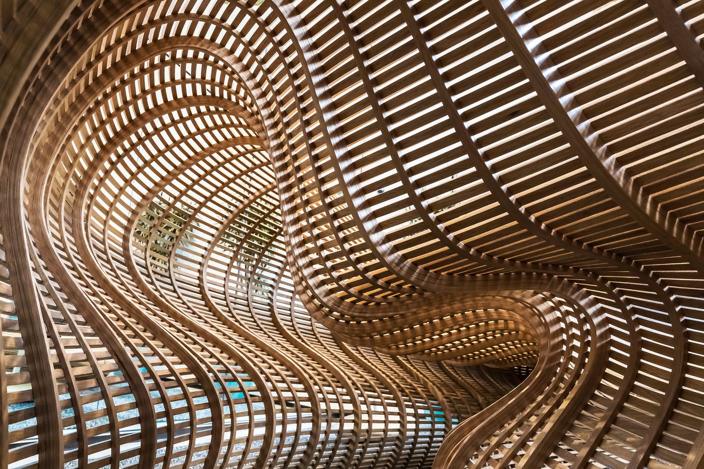 Sculptural parametric timber slat installation